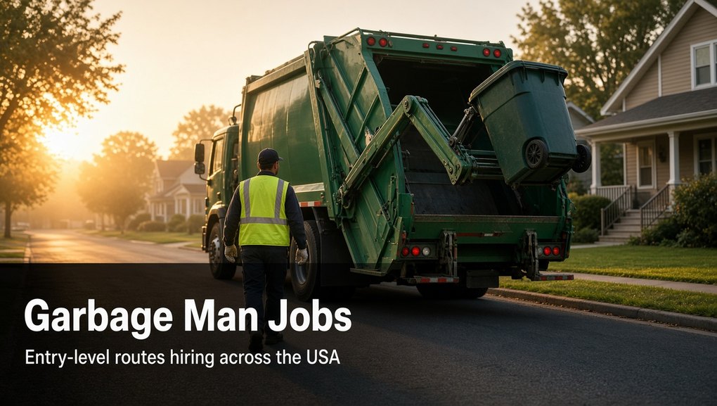 Sanitation worker in a hi-vis vest walking beside a garbage truck lifting a cart at sunrise, with the words Garbage Man Jobs